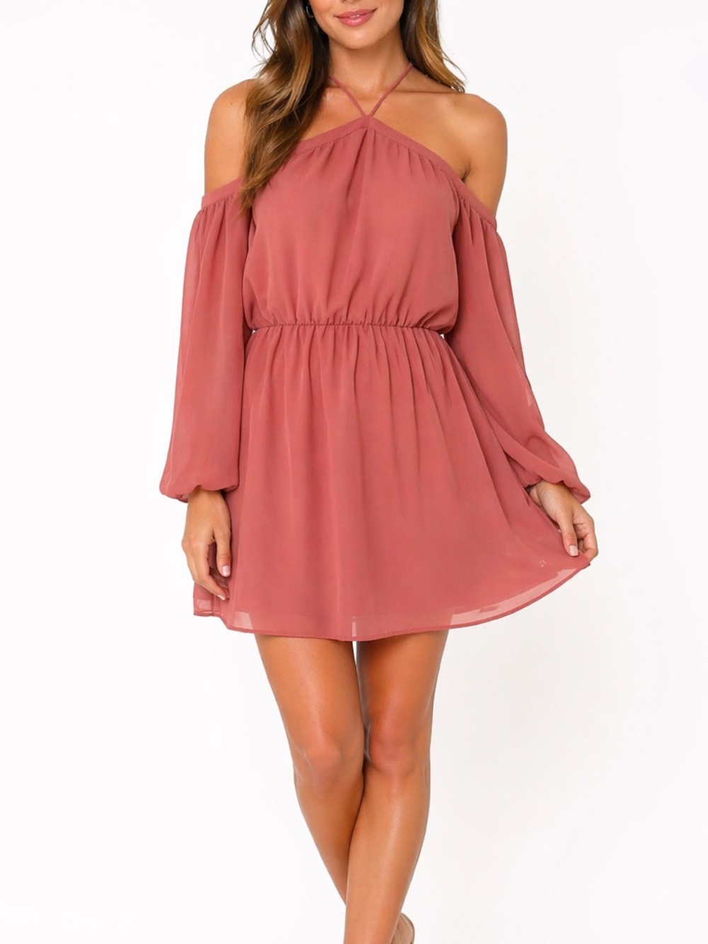 289. WAYF NWT Cold-Shoulder Halter Neck Dress in Dusty Rose Med